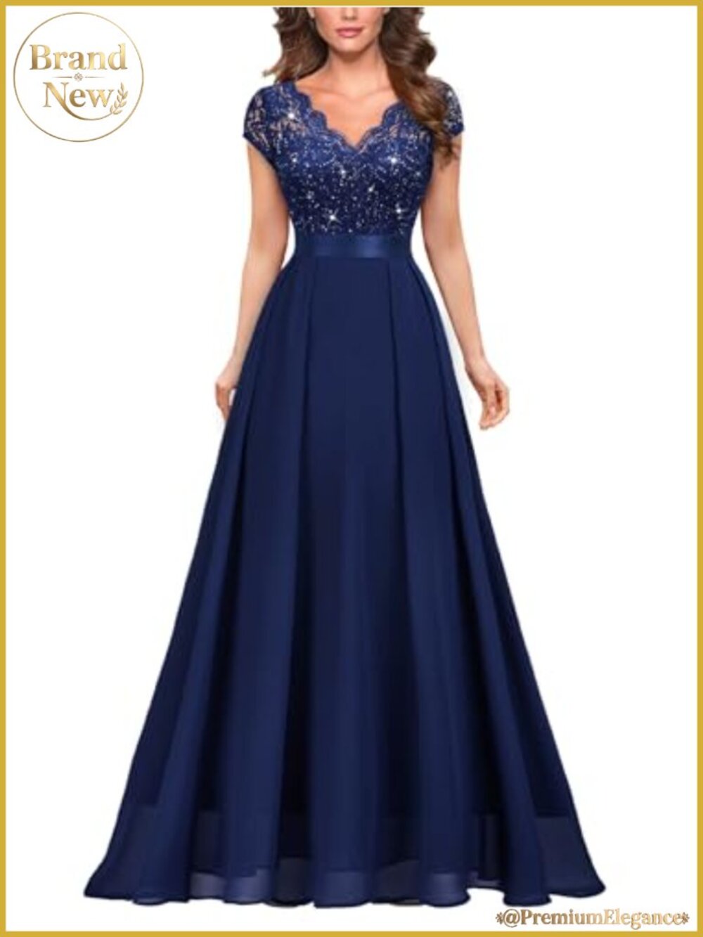 Elegant V-Neck Cap Sleeve Sequined Floral Lace Formal Party Maxi Dress